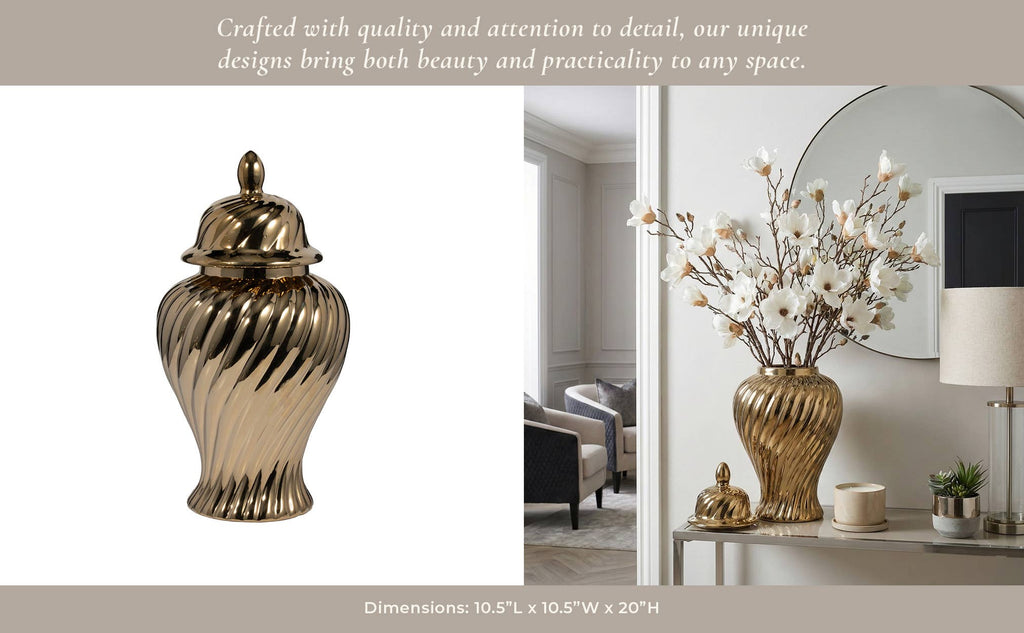 Decorative Jar - Gold Ceramic Swirl Tall Lidded, 20 in.