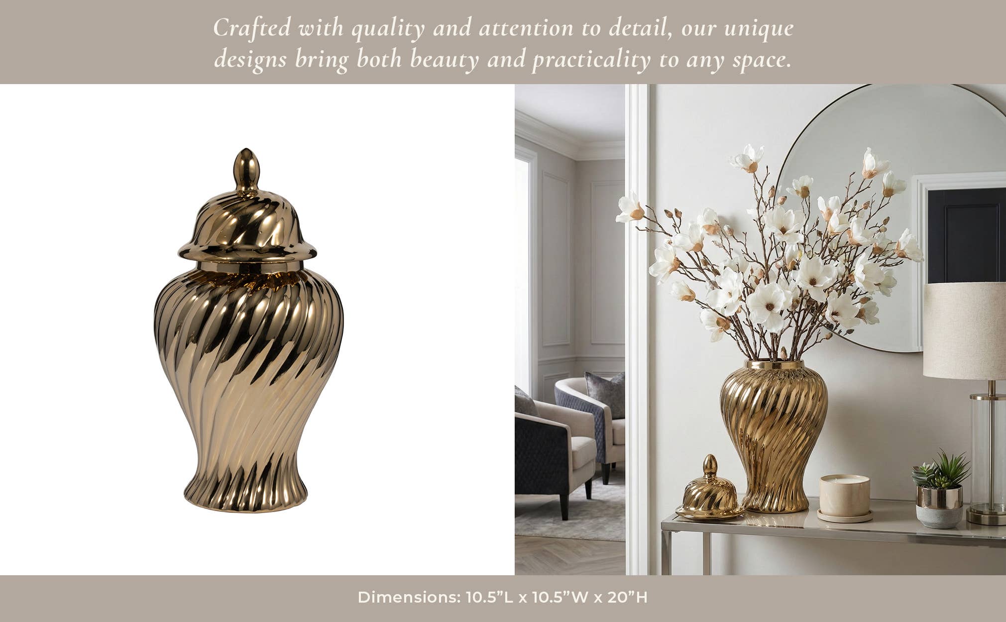 Decorative Jar - Gold Ceramic Swirl Tall Lidded, 20 in.