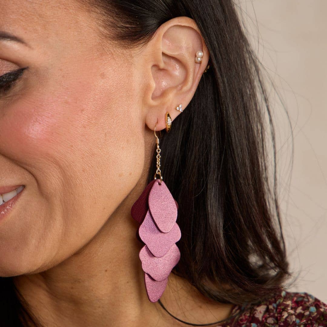 Garnet Shimmer Suede Florence Leather Dangle Earrings: Gold