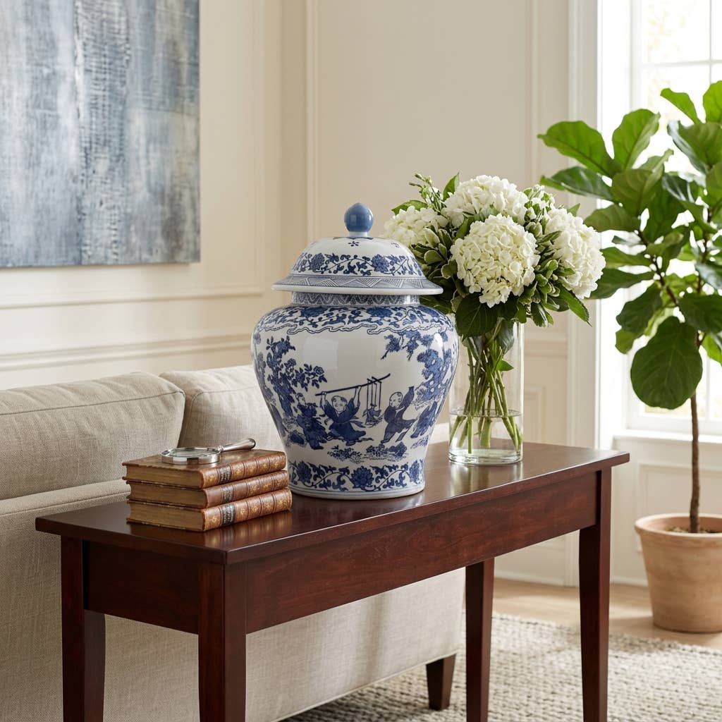 Decorative Jar - Blue Ceramic Blossoms Temple, 15 in.
