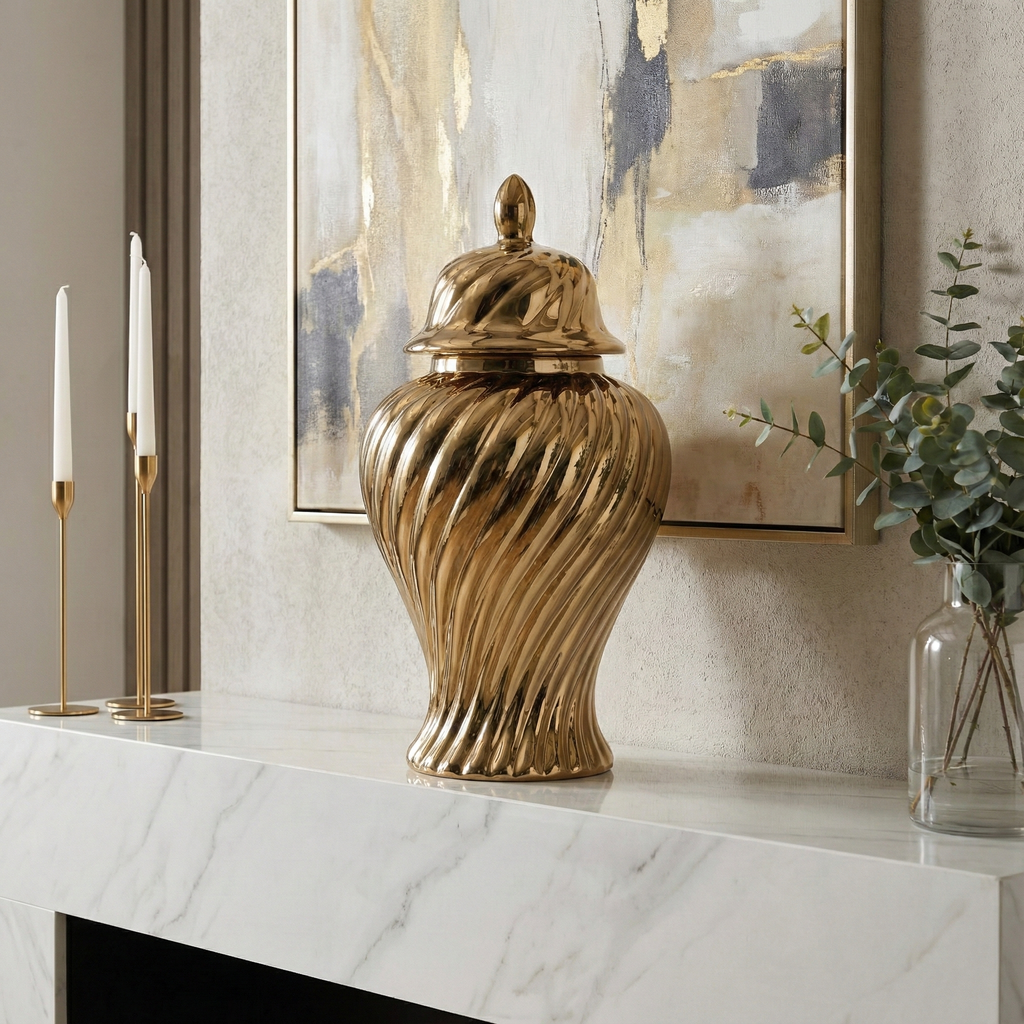 Decorative Jar - Gold Ceramic Swirl Tall Lidded, 20 in.