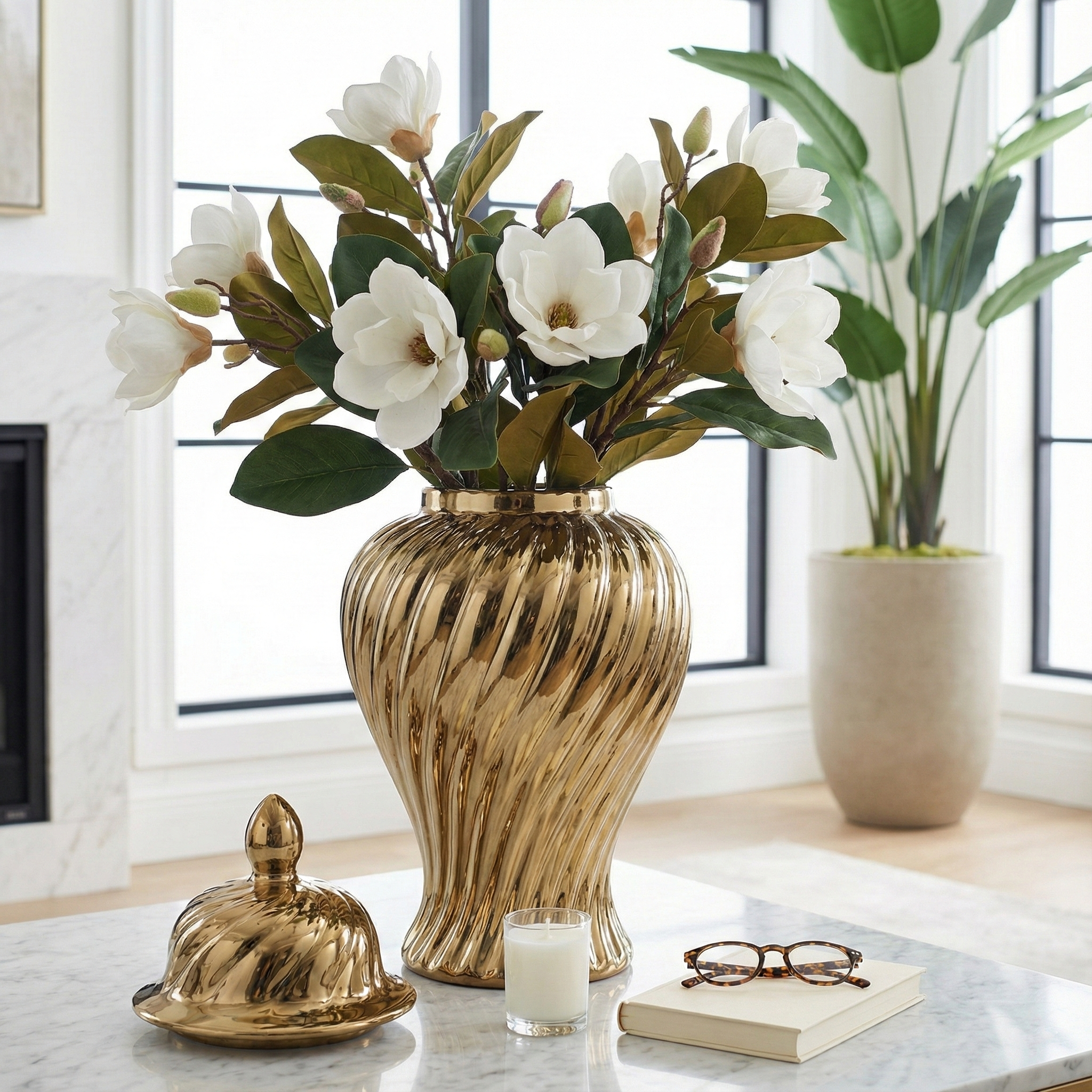 Decorative Jar - Gold Ceramic Swirl Tall Lidded, 20 in.