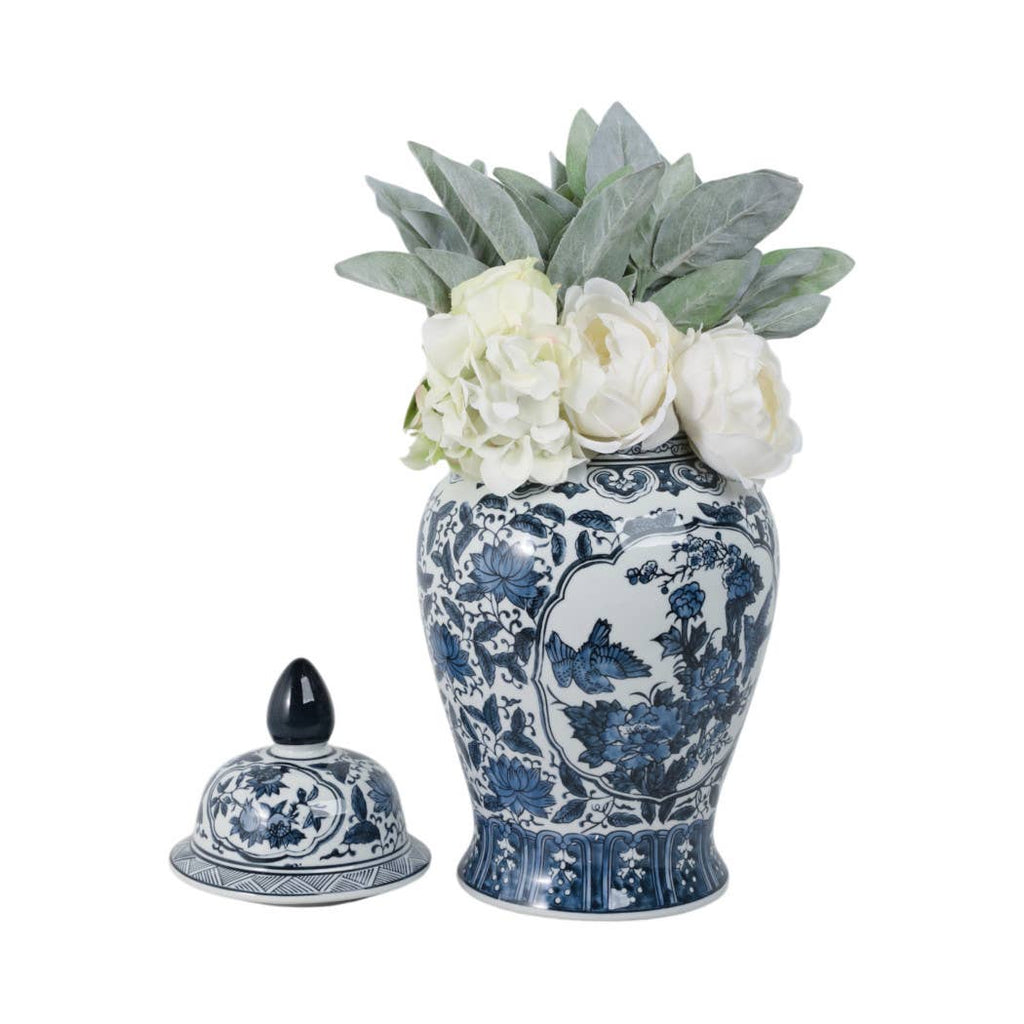 Decorative Jar - Blue Ceramic Flowers Temple Style, 19 in.