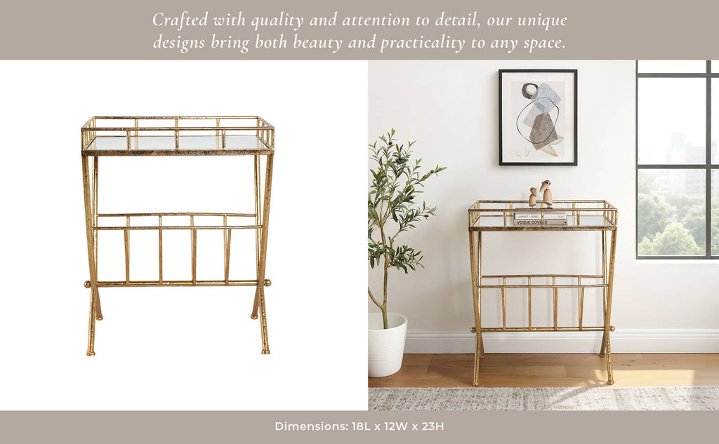 23 in. Tall Gold Metal 2 Tier Mirrored Magazine Bookcase