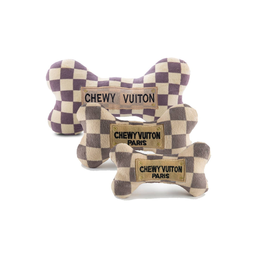 Tan Checker Chewy Vuiton Bones | Plush Squeaker Dog Toy: XL