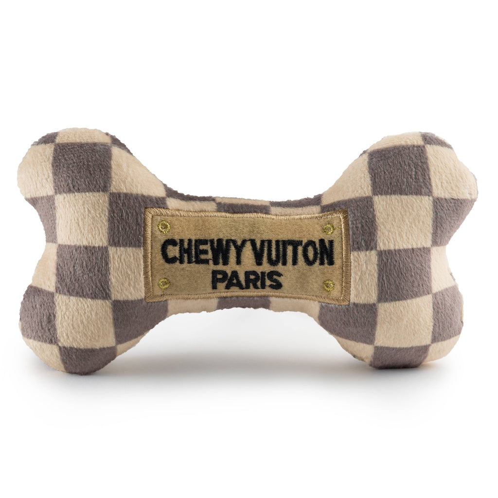 Tan Checker Chewy Vuiton Bones | Plush Squeaker Dog Toy: Small / Mini