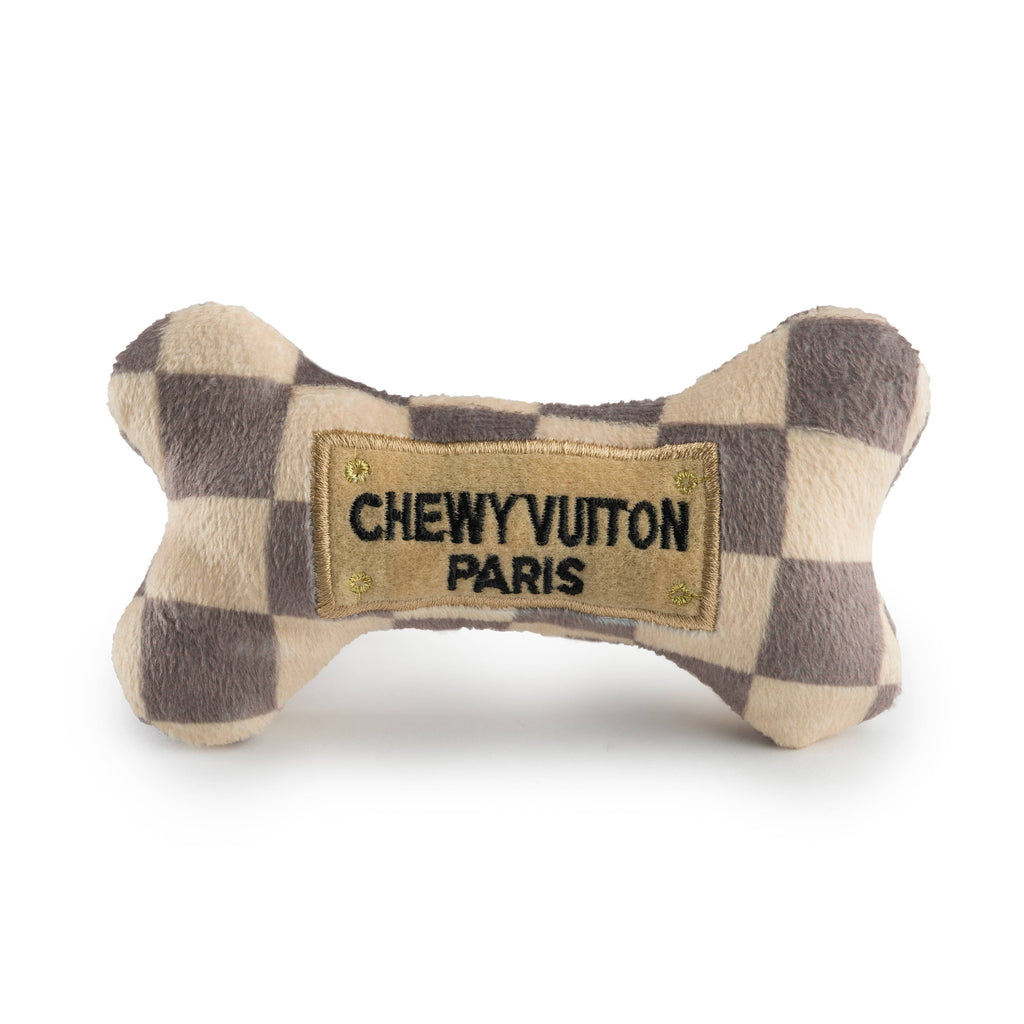 Tan Checker Chewy Vuiton Bones | Plush Squeaker Dog Toy: Small / Mini