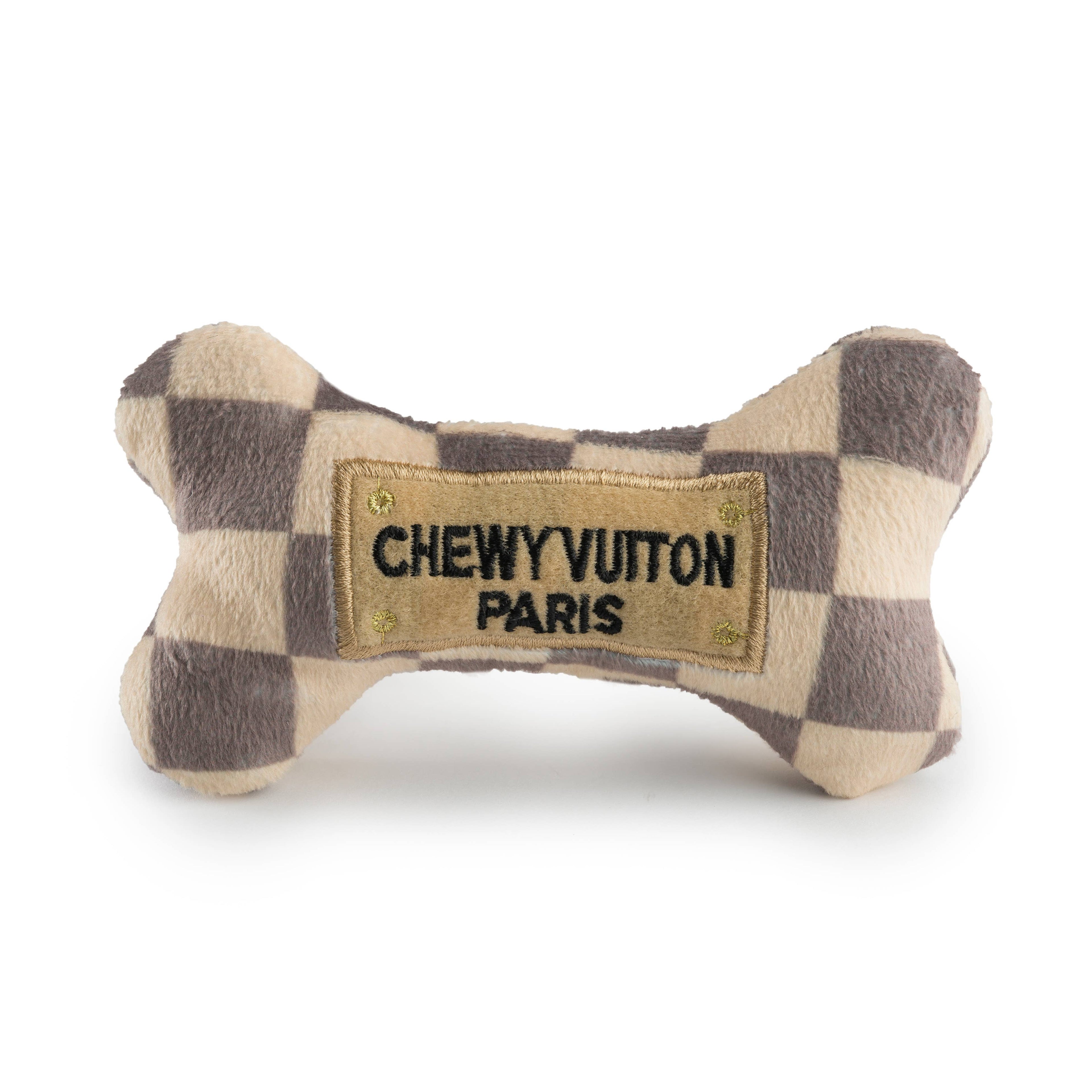 Tan Checker Chewy Vuiton Bones | Plush Squeaker Dog Toy: Small / Mini