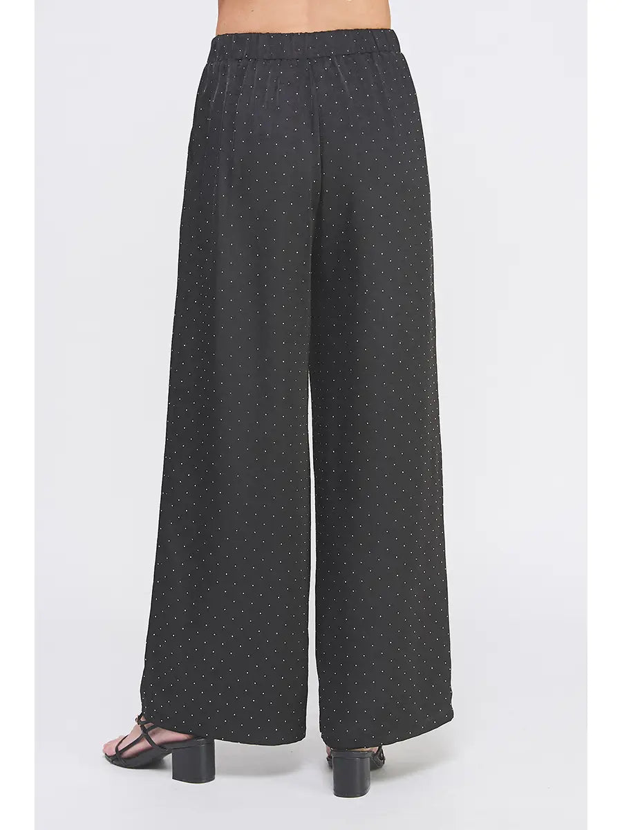 Embellished Crinkle Satin Soft Wide Leg Pant