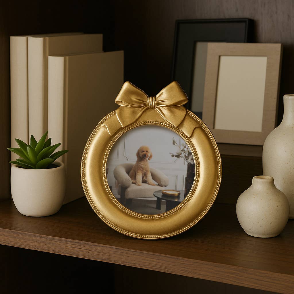 Photo Frame - Gold Polyresin Round with Bow, 4x4 in.