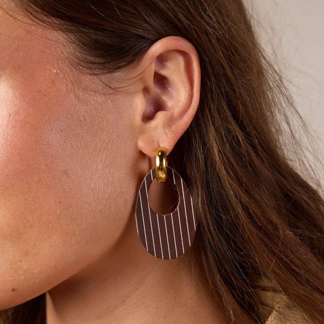 Chocolate Brown Pinstripe Olivia Leather Hoop Earrings: Gold