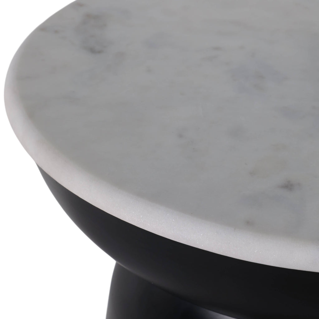 Side Table - Black Marble Round Top Metal Drum Base, 20 in.