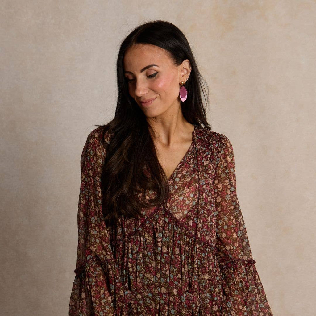 Garnet Shimmer Suede Weston Leather Drop Earrings: Gold