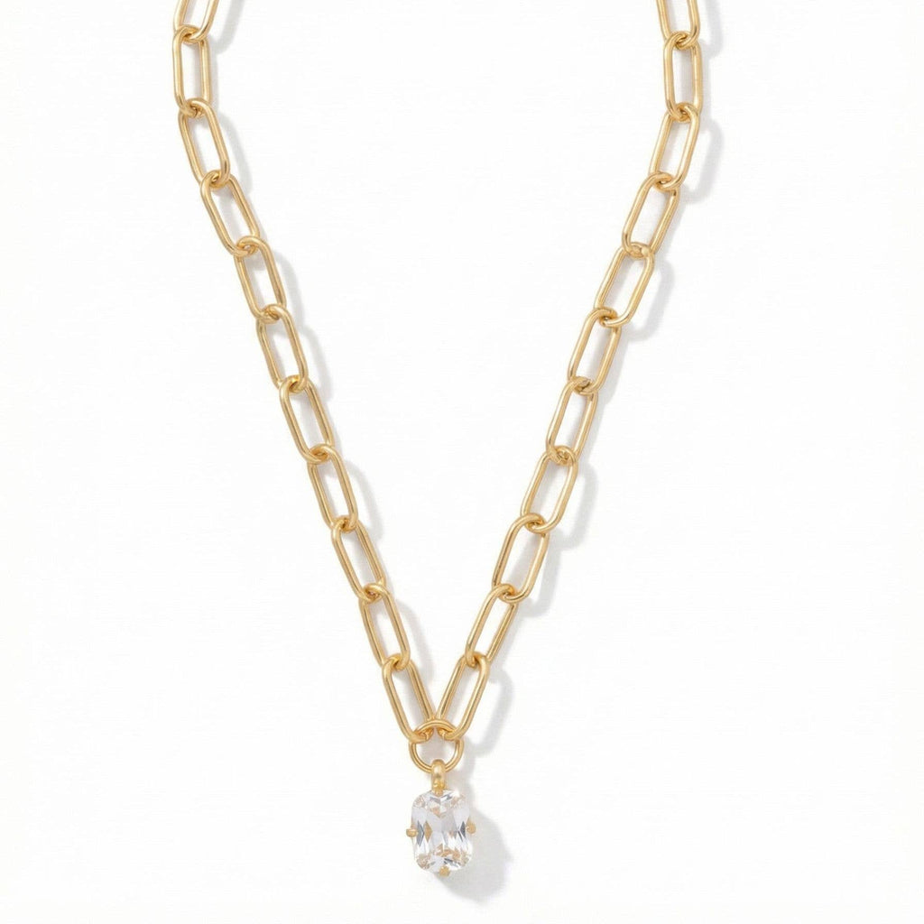 10k Gold Plated Chunky Paperclip Chain & Crystal Necklace: Clear