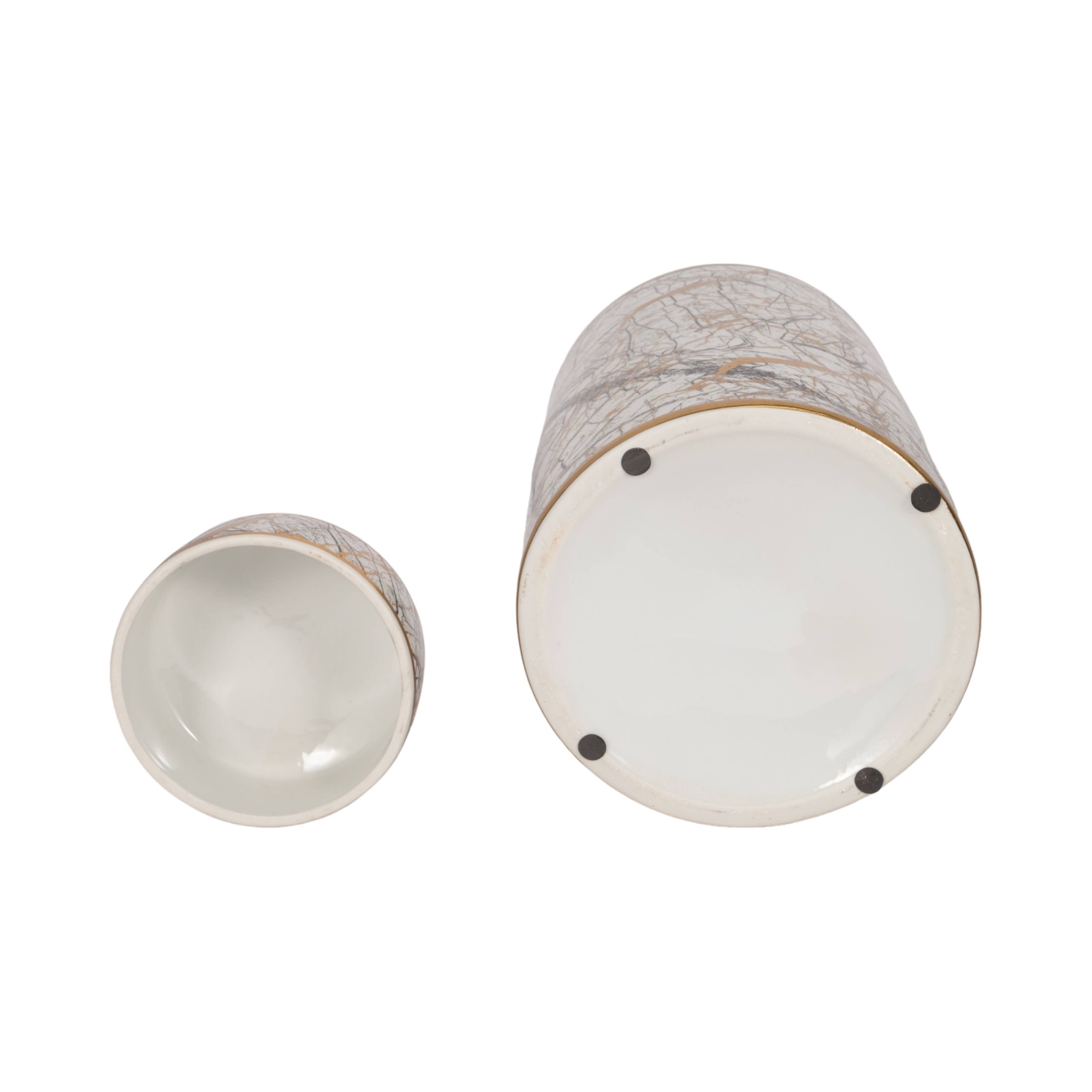 Decorative Jar - White Ceramic Modern with Gold Lid, 16 in.