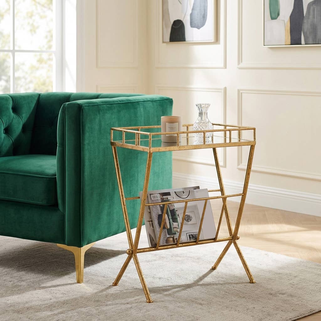 23 in. Tall Gold Metal 2 Tier Mirrored Magazine Bookcase