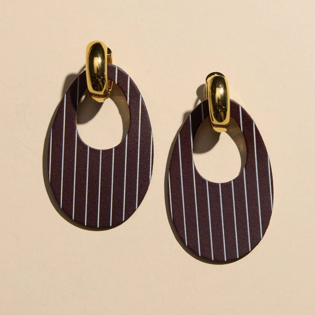 Chocolate Brown Pinstripe Olivia Leather Hoop Earrings: Gold