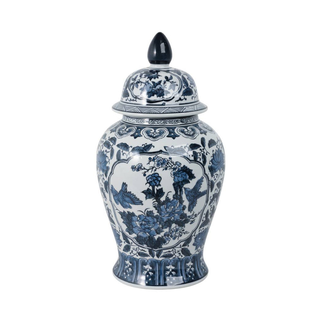Decorative Jar - Blue Ceramic Flowers Temple Style, 19 in.