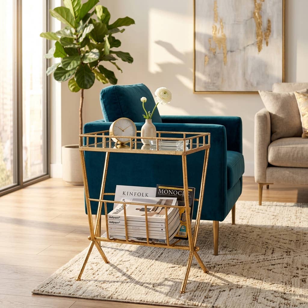 23 in. Tall Gold Metal 2 Tier Mirrored Magazine Bookcase