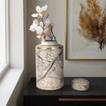 Decorative Jar - White Ceramic Modern with Gold Lid, 16 in.