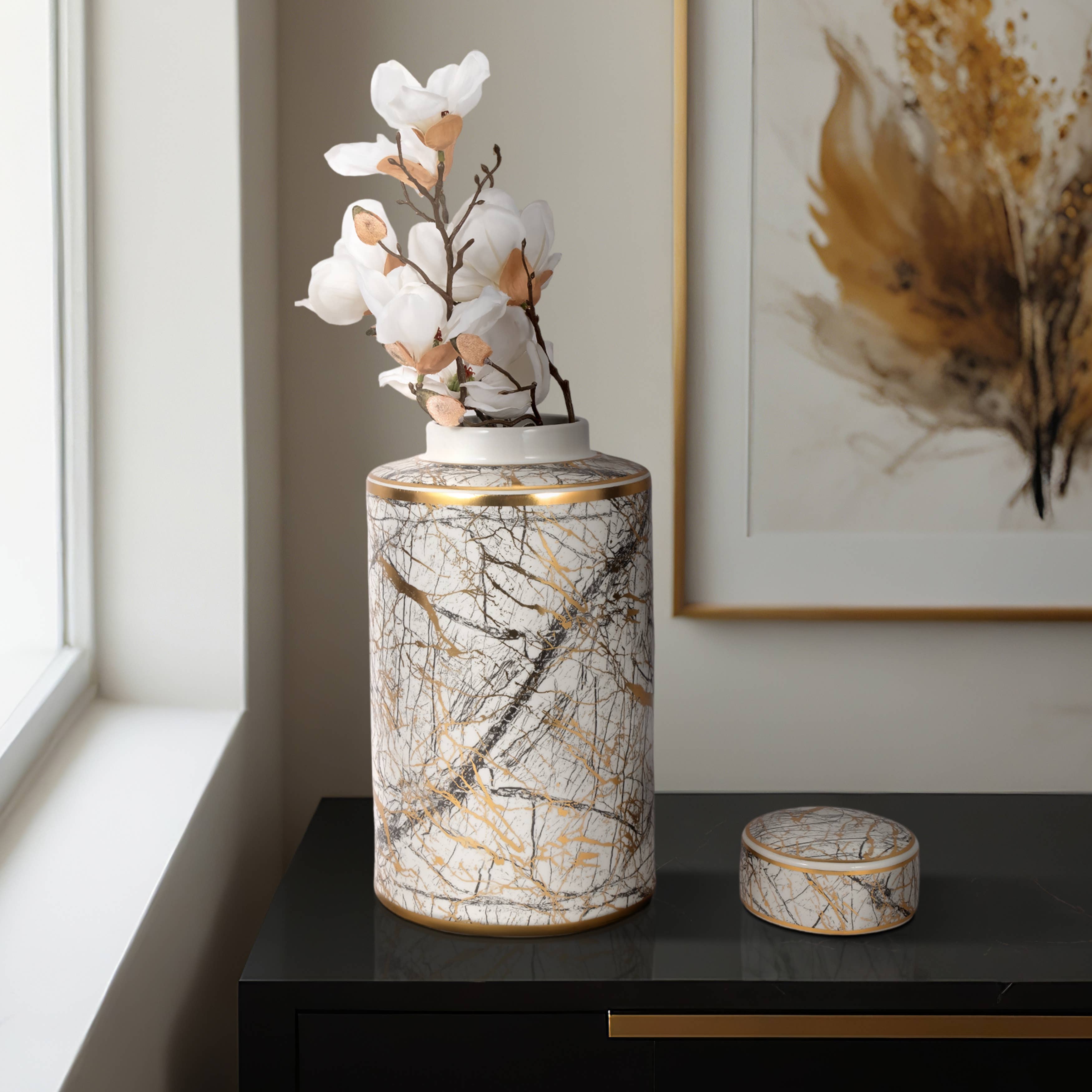 Decorative Jar - White Ceramic Modern with Gold Lid, 16 in.