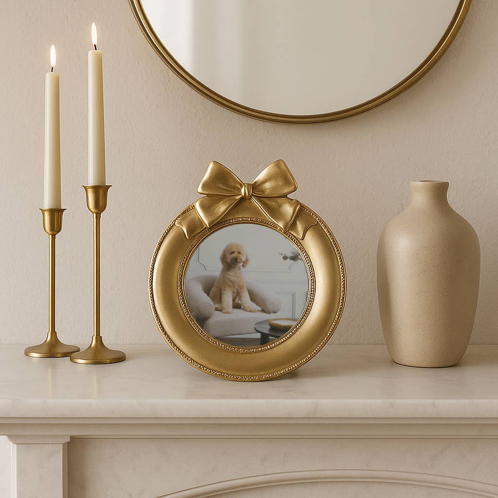 Photo Frame - Gold Polyresin Round with Bow, 4x4 in.