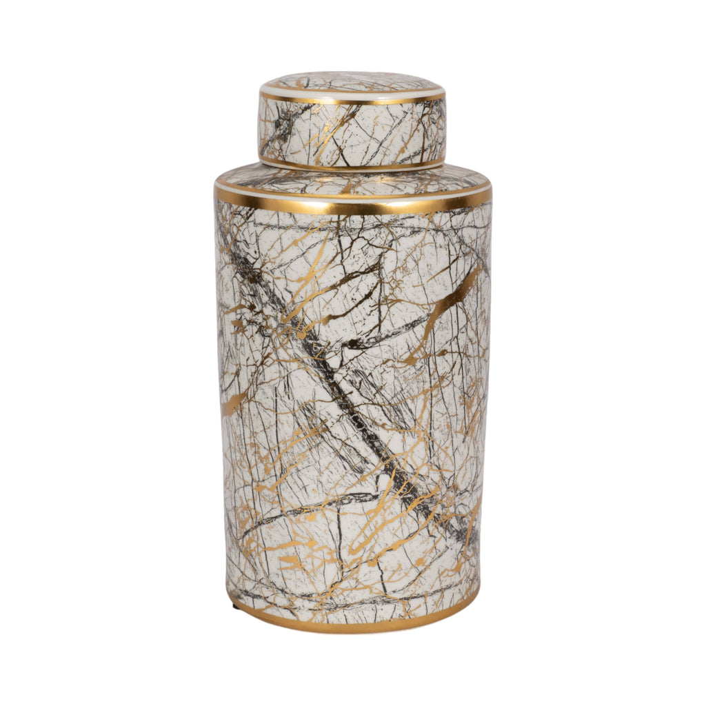 Decorative Jar - White Ceramic Modern with Gold Lid, 16 in.