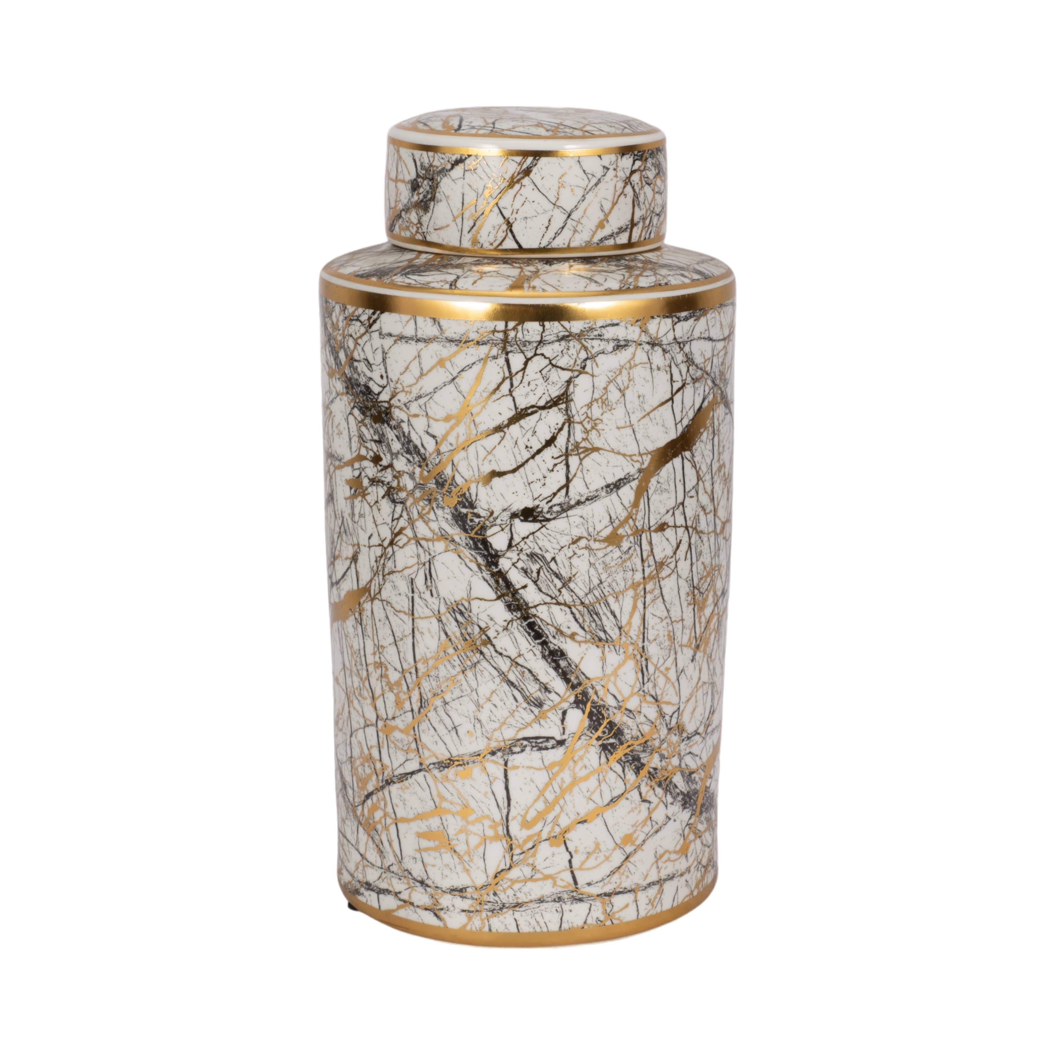 Decorative Jar - White Ceramic Modern with Gold Lid, 16 in.