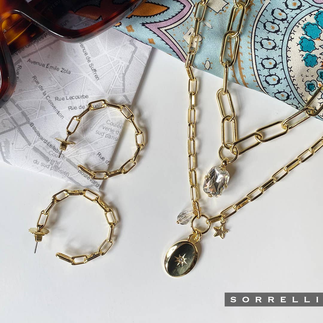 10k Gold Plated Chunky Paperclip Chain & Crystal Necklace: Clear