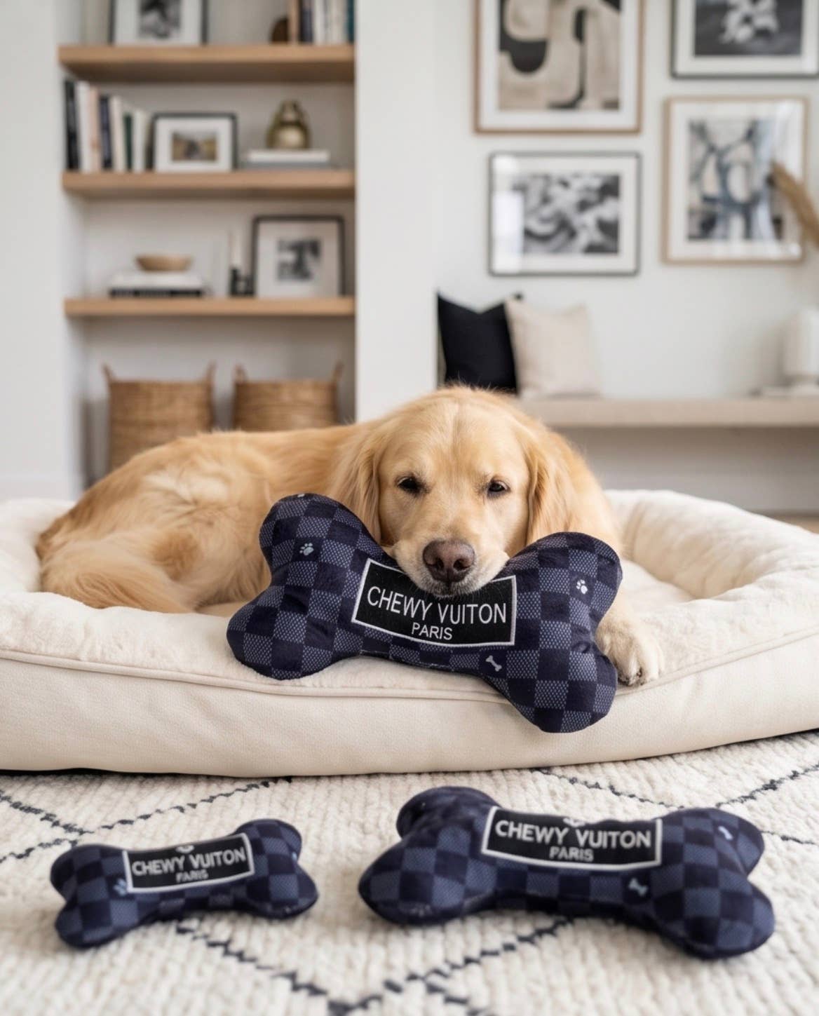 Black Checker Chewy Vuiton Bone  | Squeaker Dog Toy: Large