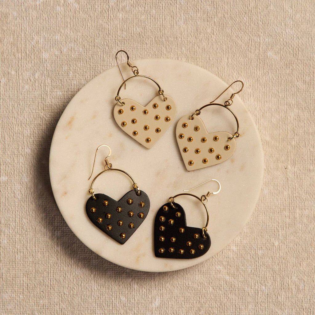 Black Harlow Studded Heart Hoop Earrings: Gold