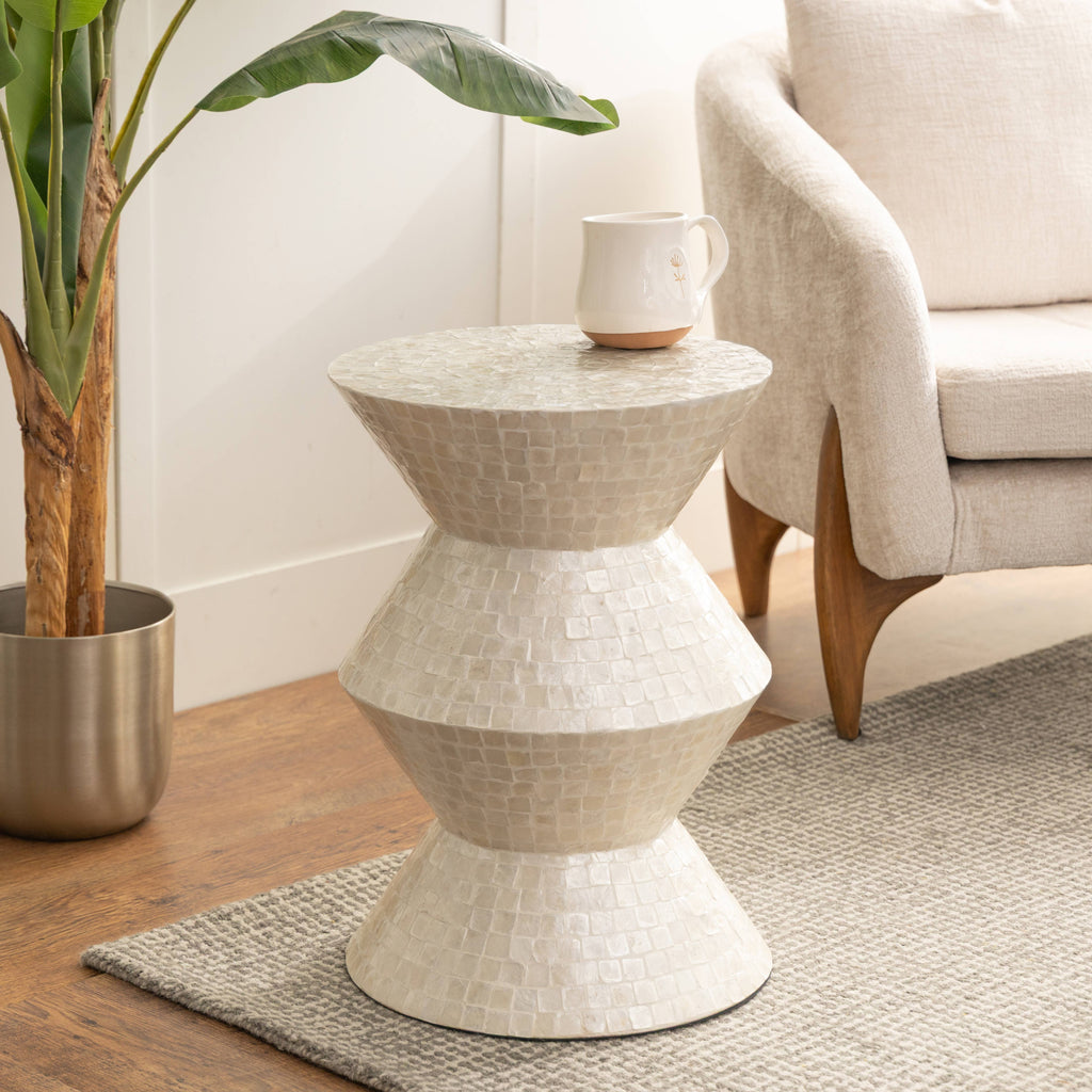 Modern and Contemporary Cream Capiz Shell Accent Table: 16"W, 22"H