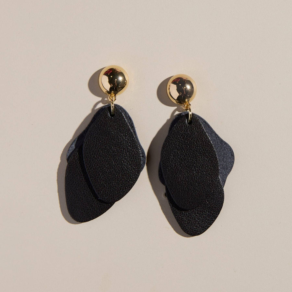 Black Weston Leather Drop Earrings: Gold