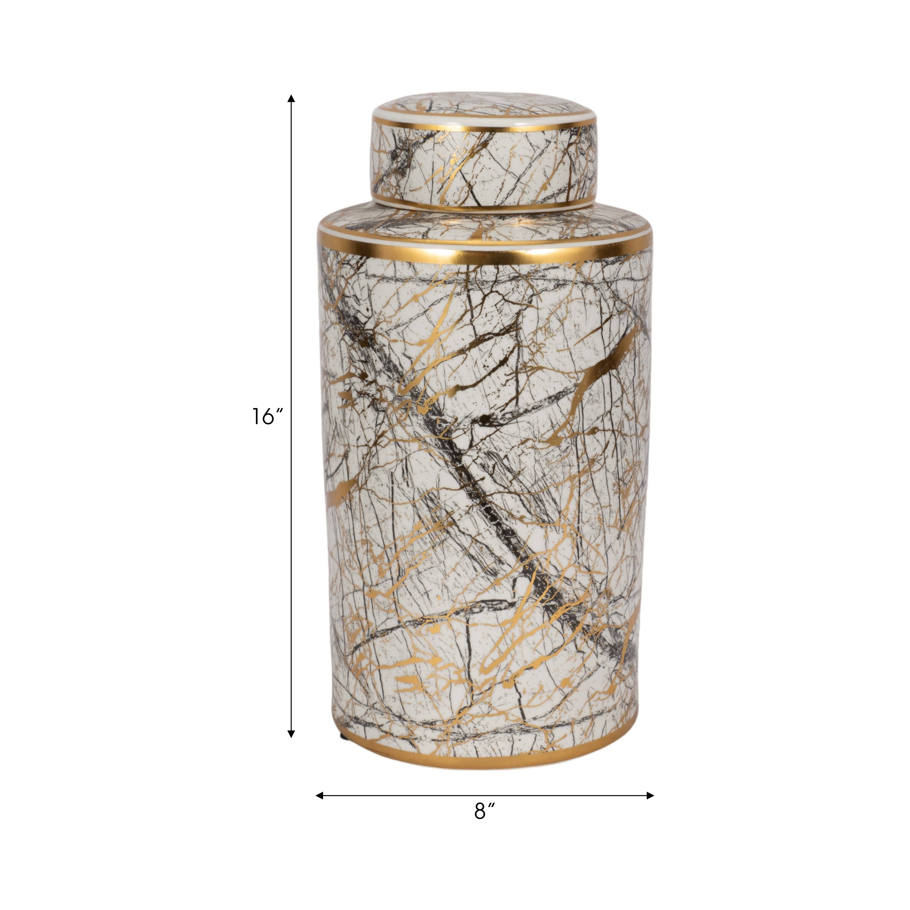 Decorative Jar - White Ceramic Modern with Gold Lid, 16 in.