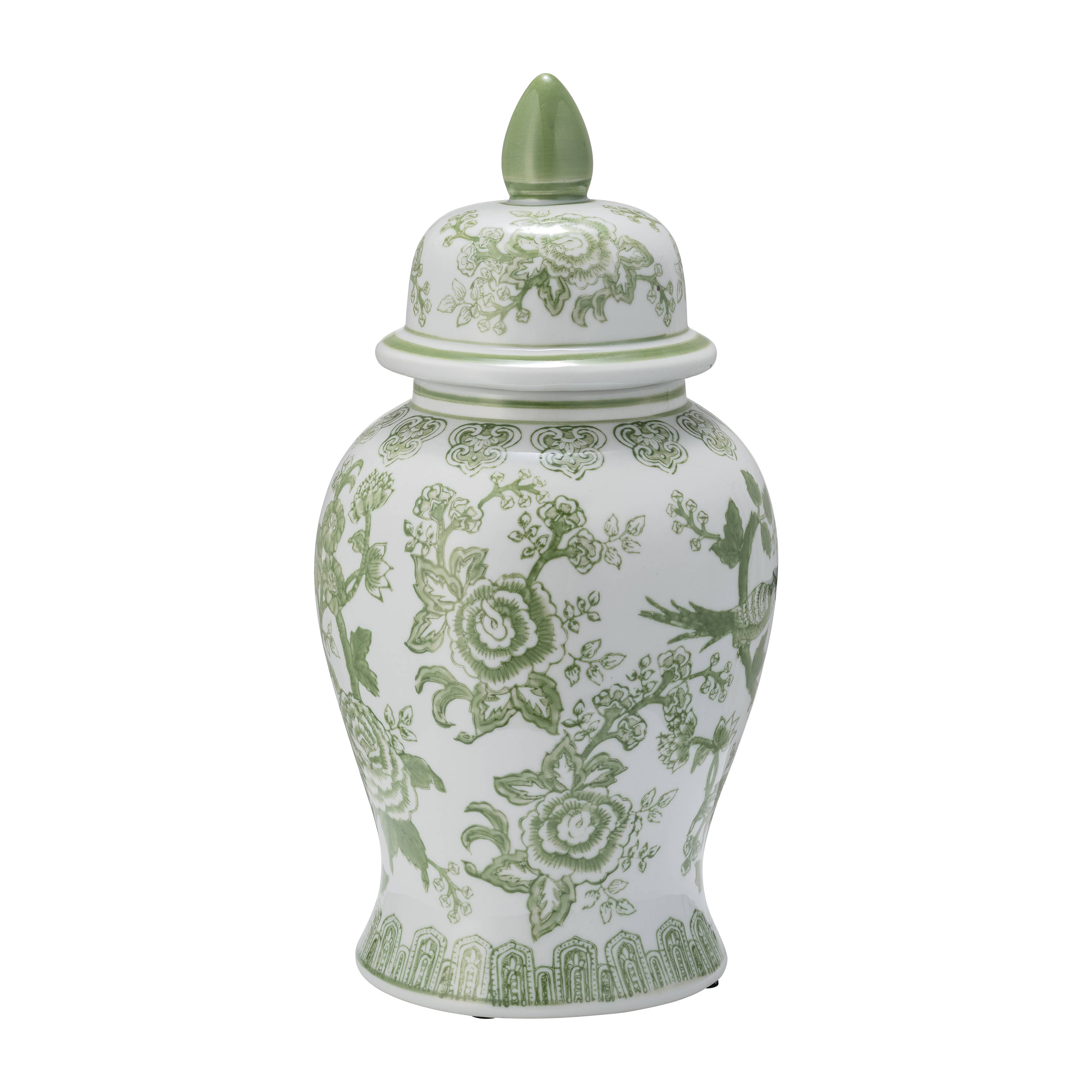 Decorative Jar - Green/White Floral Round Chinoiserie, 14 in