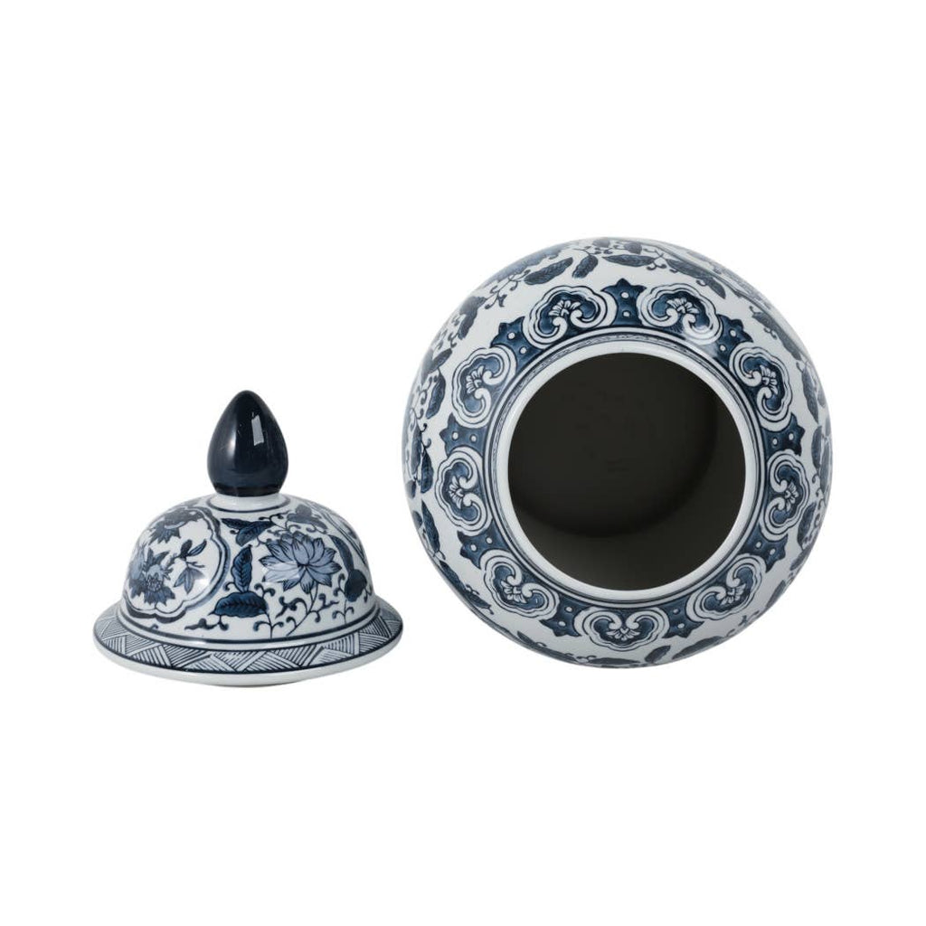 Decorative Jar - Blue Ceramic Flowers Temple Style, 19 in.