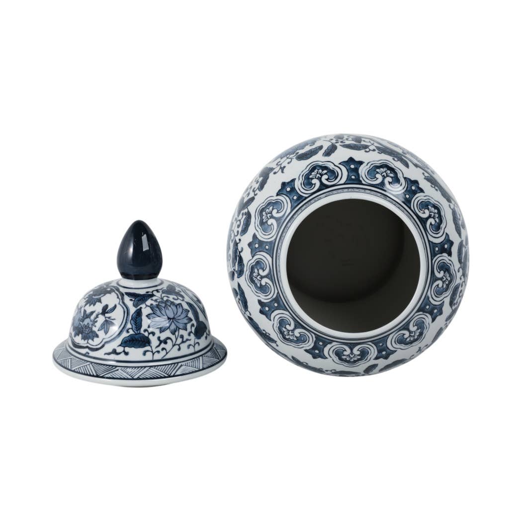 Decorative Jar - Blue Ceramic Flowers Temple Style, 19 in.