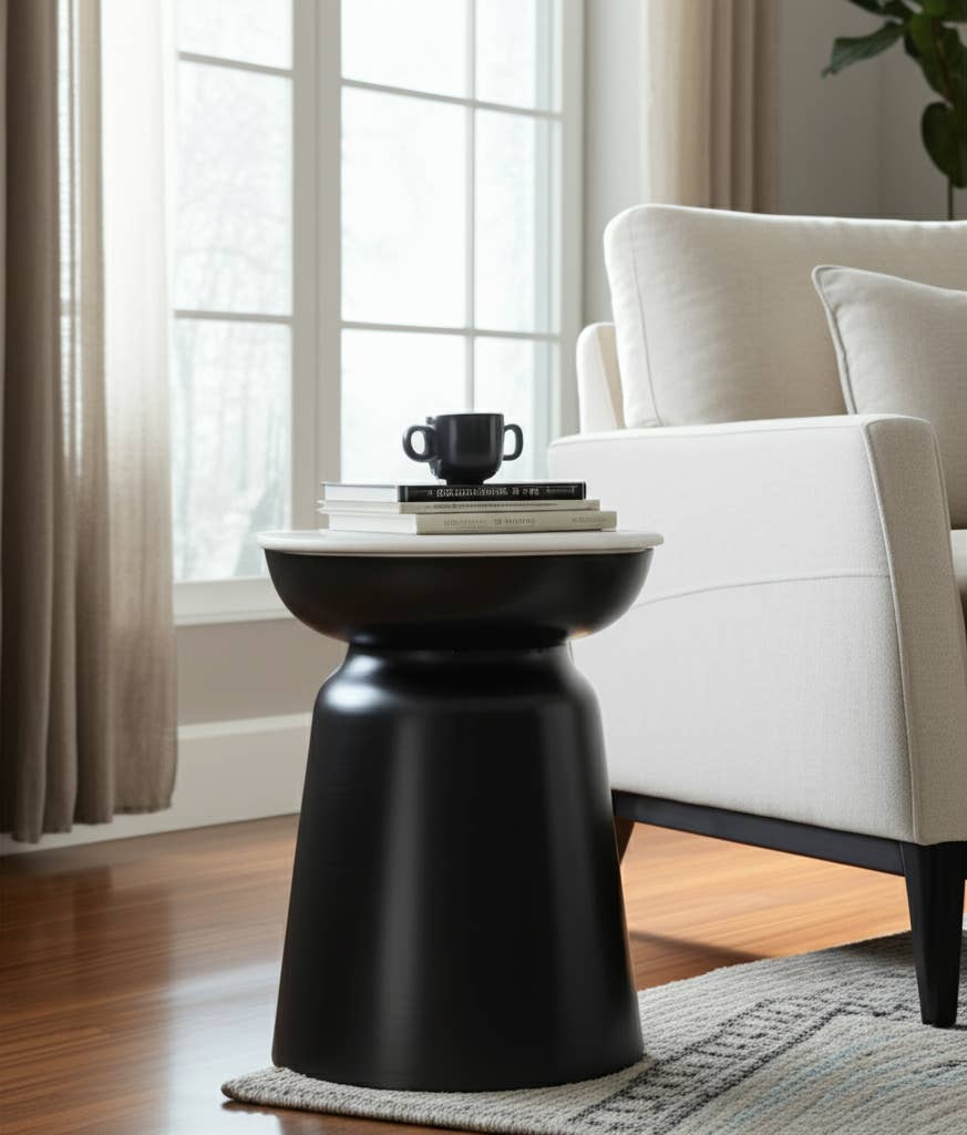 Side Table - Black Marble Round Top Metal Drum Base, 20 in.