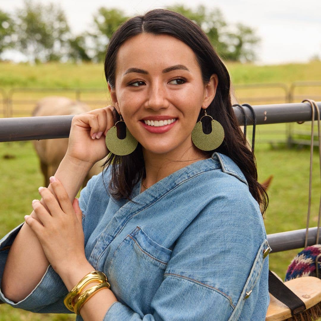 Metallic Moss Leo Leather Hoop Earrings: Gold