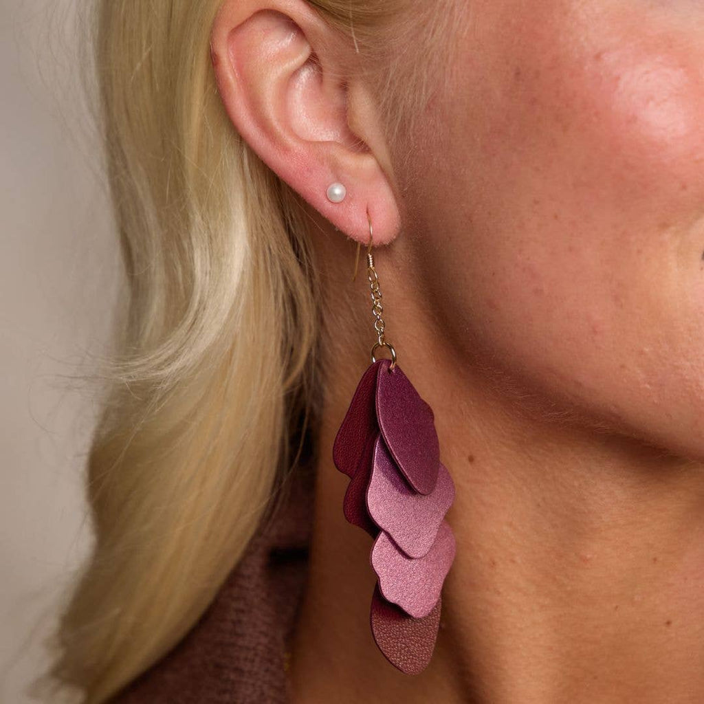 Garnet Shimmer Suede Florence Leather Dangle Earrings: Gold