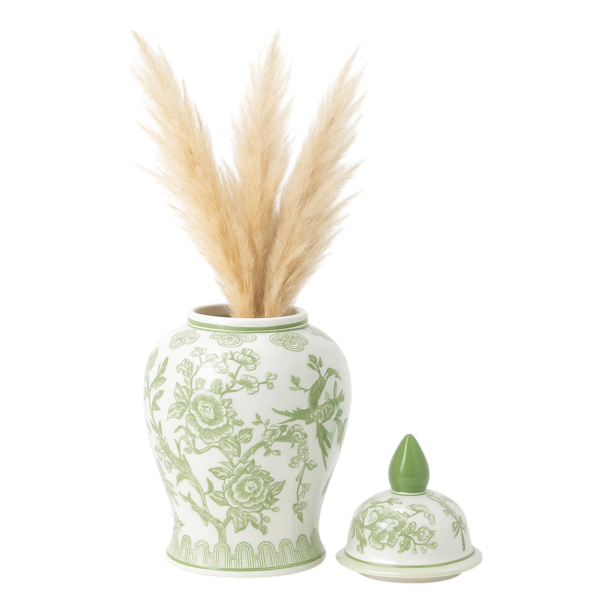 Decorative Jar - Green/White Floral Round Chinoiserie, 14 in