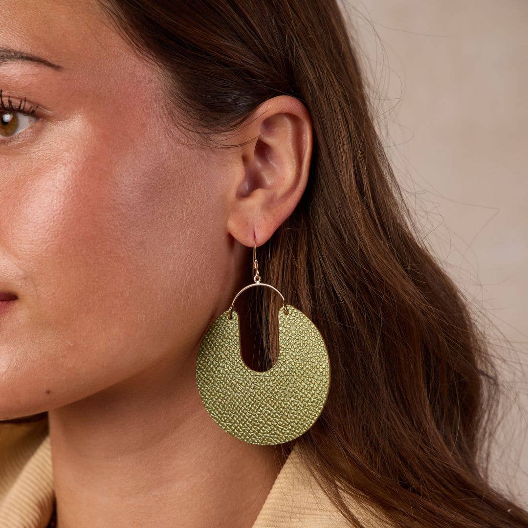 Metallic Moss Leo Leather Hoop Earrings: Gold