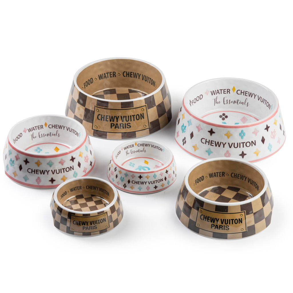 Tan Checker Chewy Vuiton Bowls & Placemat - Cat or Dog Bowl: Small