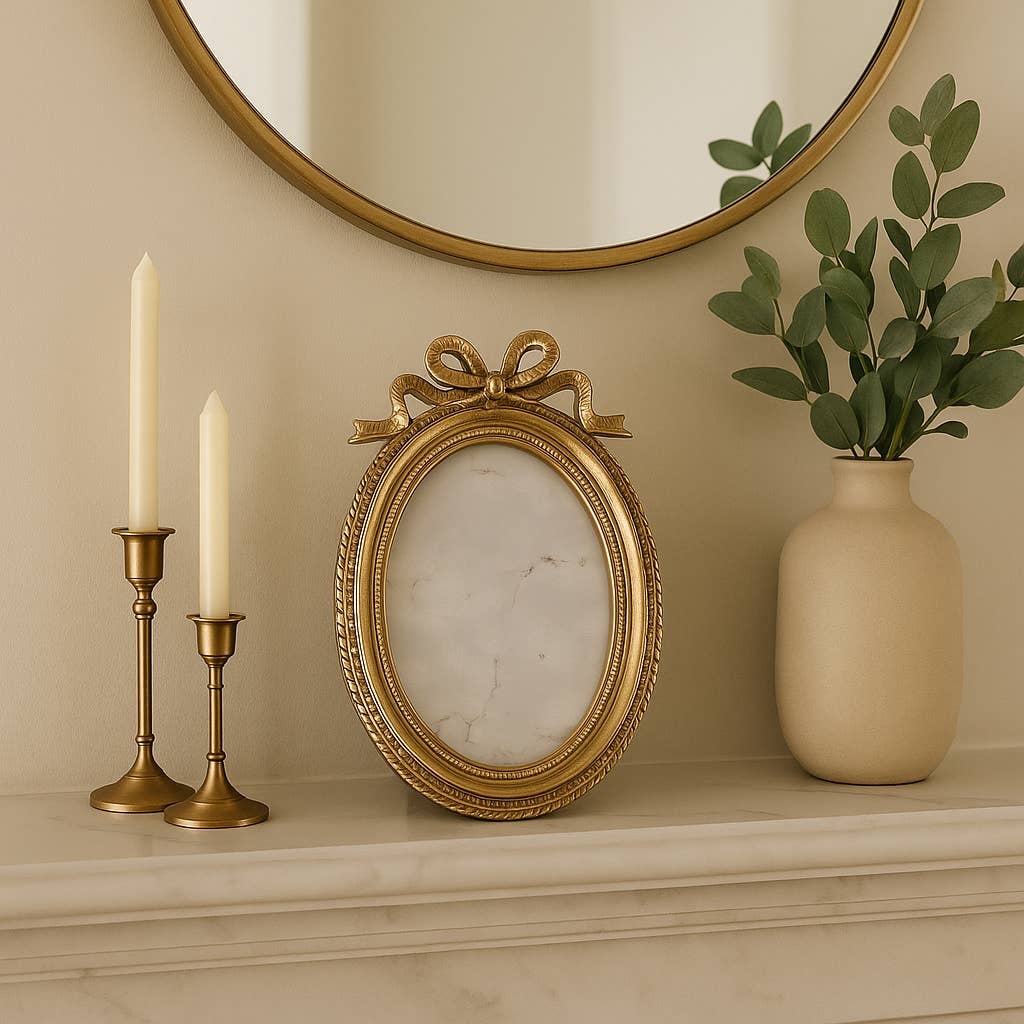 Photo Frame - Gold Polyresin Oval Coquette with Bow, 4x6 in.
