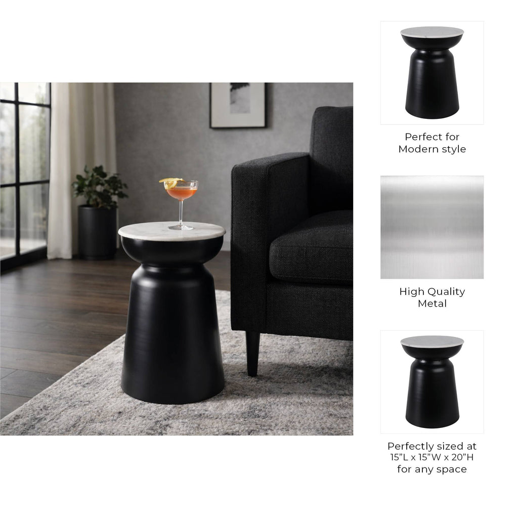 Side Table - Black Marble Round Top Metal Drum Base, 20 in.