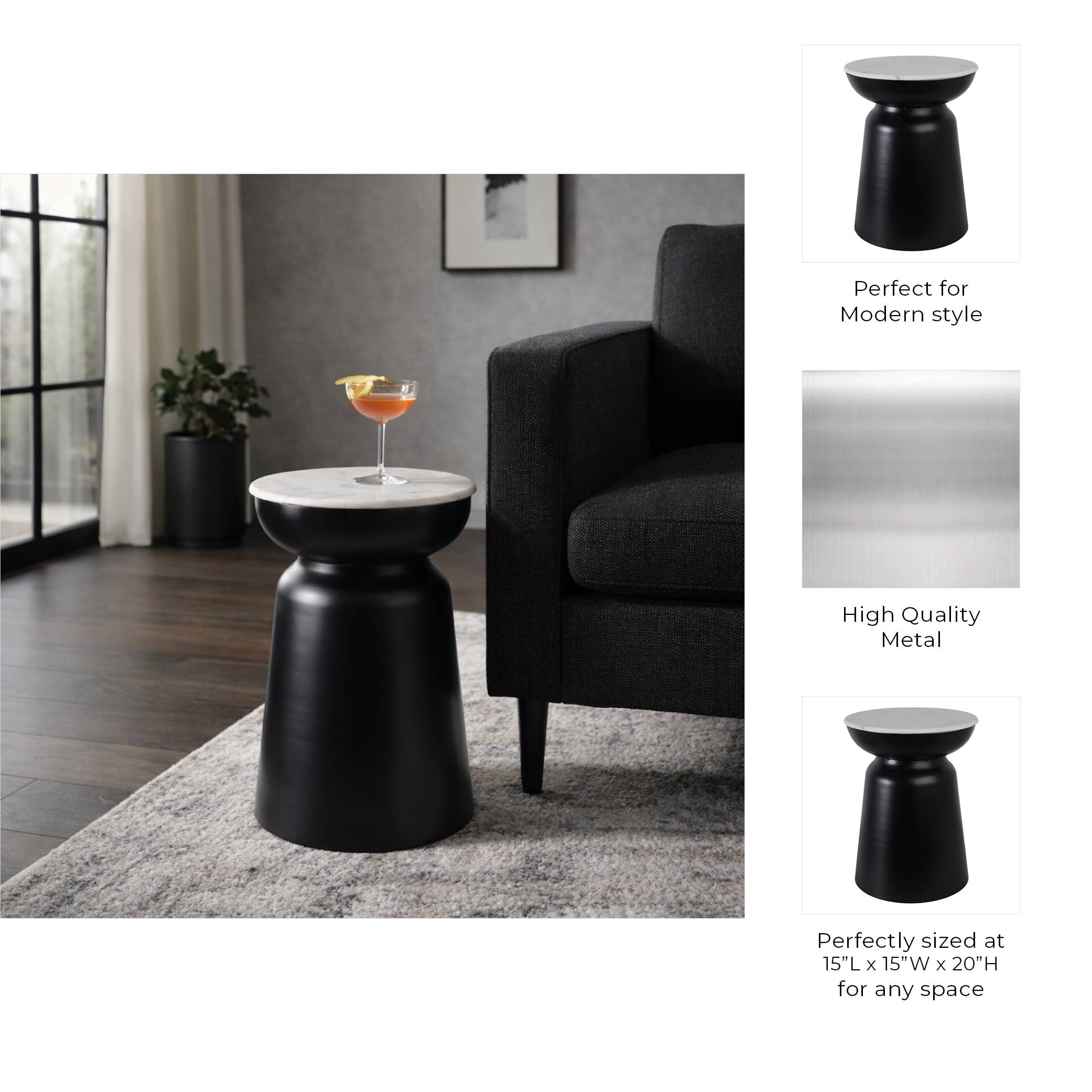 Side Table - Black Marble Round Top Metal Drum Base, 20 in.