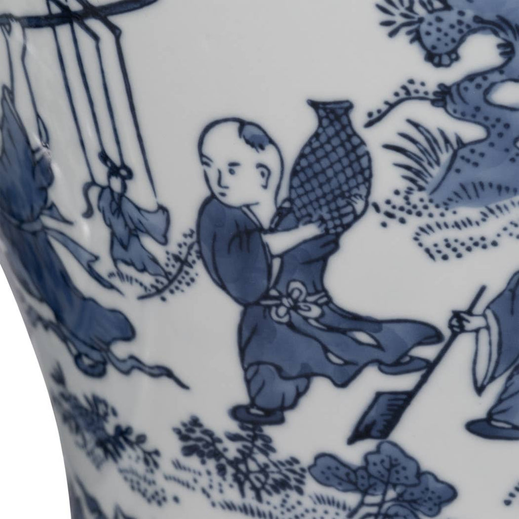 Decorative Jar - Blue Ceramic Blossoms Temple, 15 in.