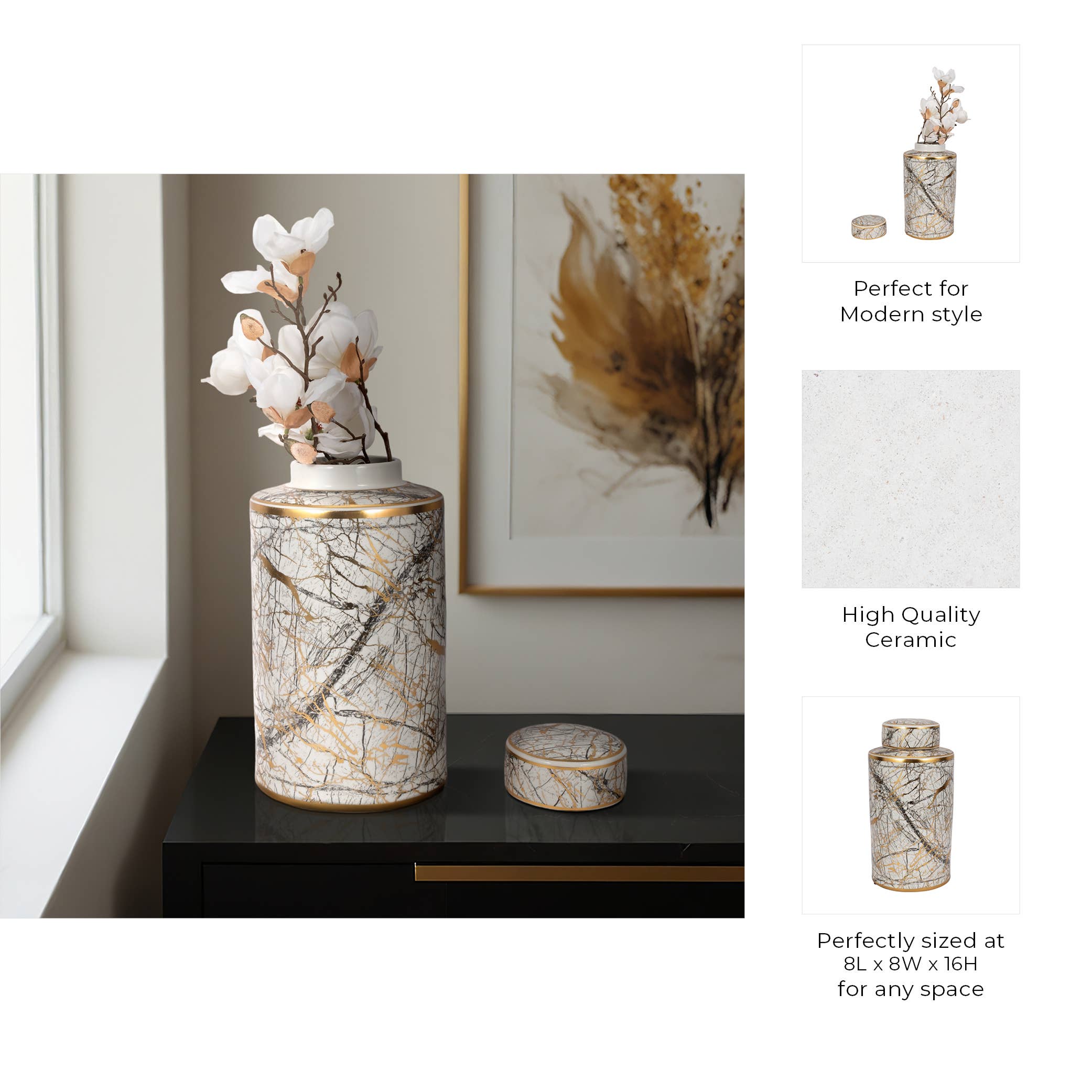 Decorative Jar - White Ceramic Modern with Gold Lid, 16 in.