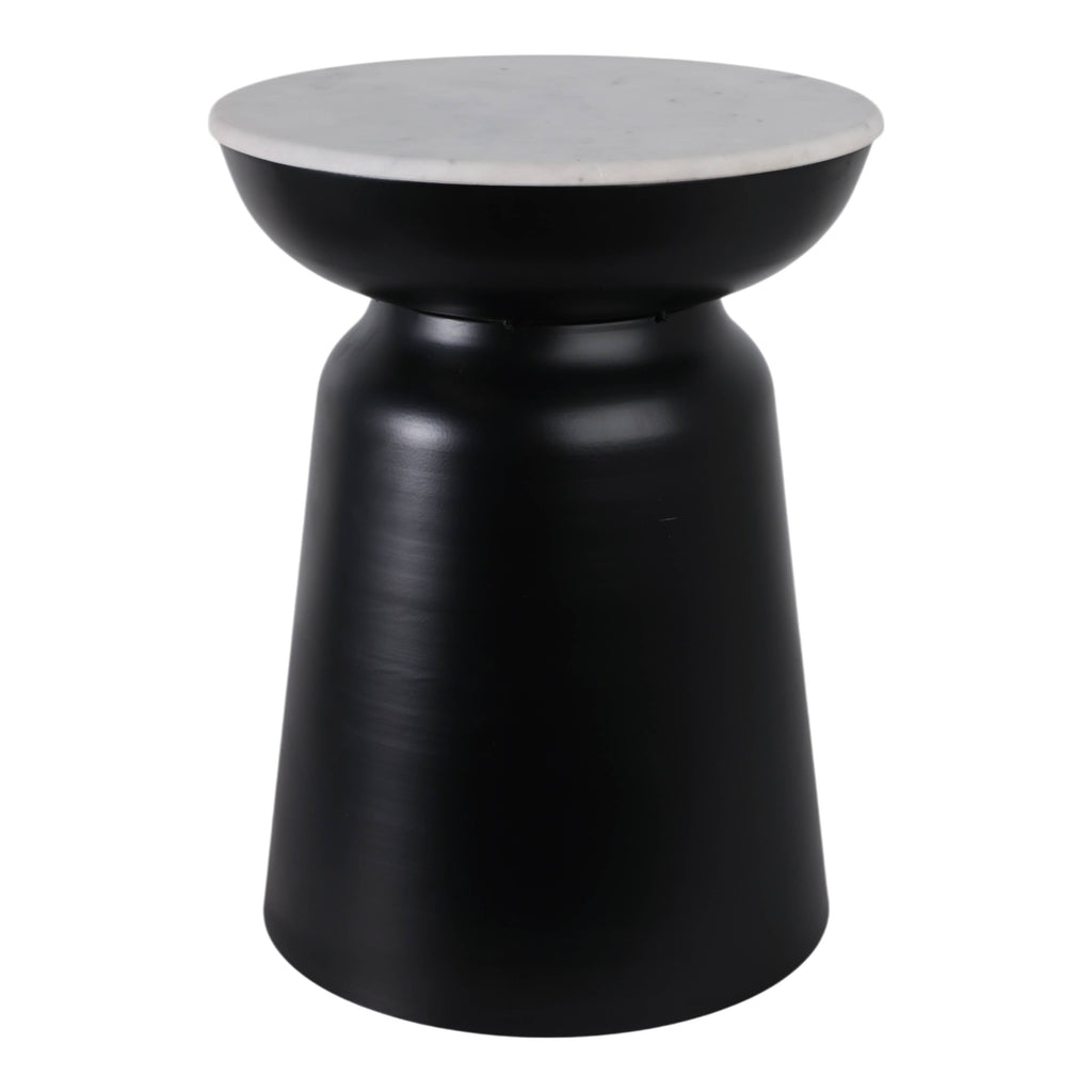 Side Table - Black Marble Round Top Metal Drum Base, 20 in.