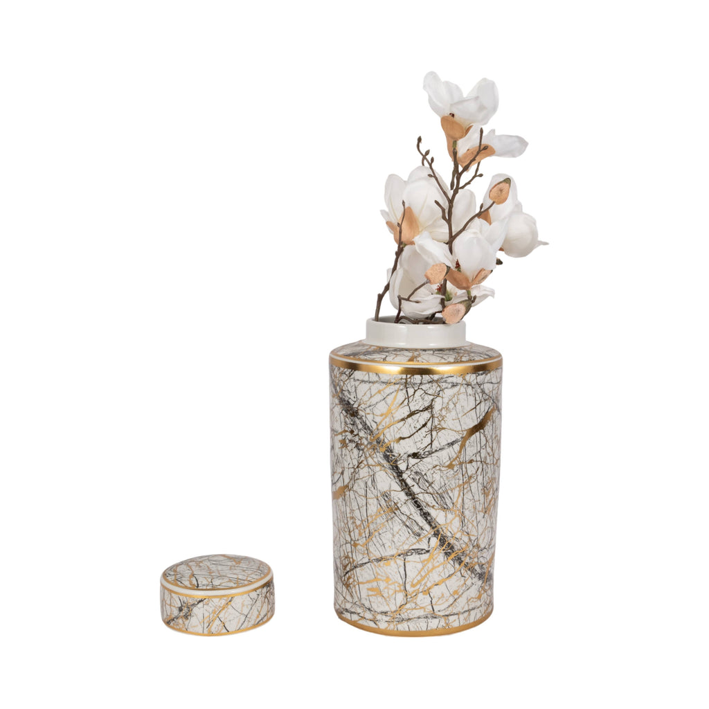 Decorative Jar - White Ceramic Modern with Gold Lid, 16 in.